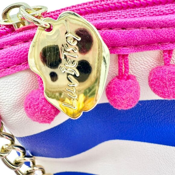 Betsey Johnson Luv Betsey Crossbody Bag Blue White Stripe Pink Strap Pom Accents - Picture 3 of 10